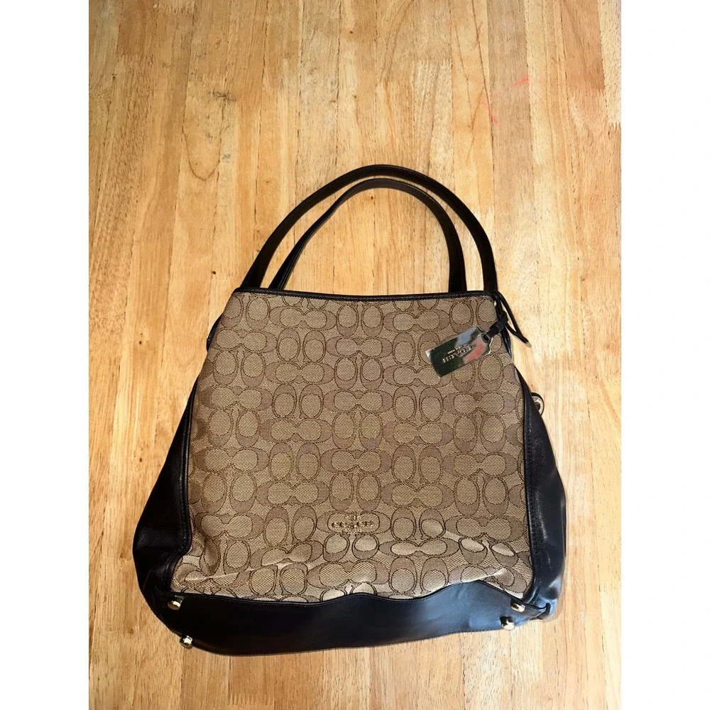 Coach Signature Canvas Leather Hobo Bag Brown Khaki Monogram Shoulder Bag